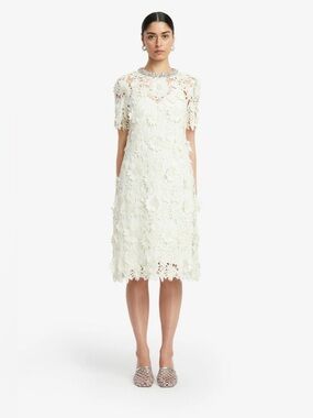 Leo Lin Sheridan Embellished White 3D Floral Applique Lace Midi Dress AU8/US4